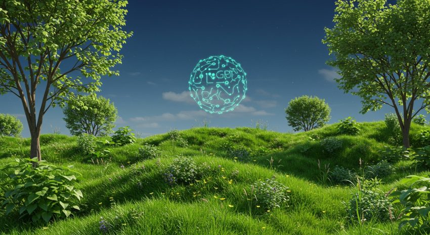 Ein abstraktes Gebilde, das eine KI darstellen soll, inmitten einer grünen Wiese mit Bäumen drumherum.